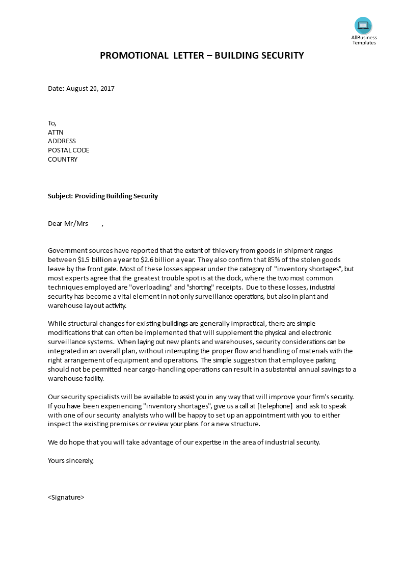 promotional letter for building security template