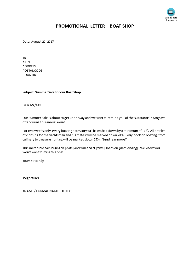 Promotional letter for Boat store 模板