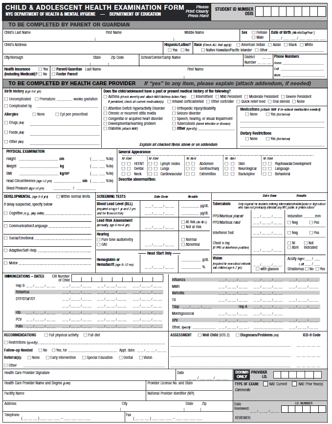 child & adolescent health examination form template