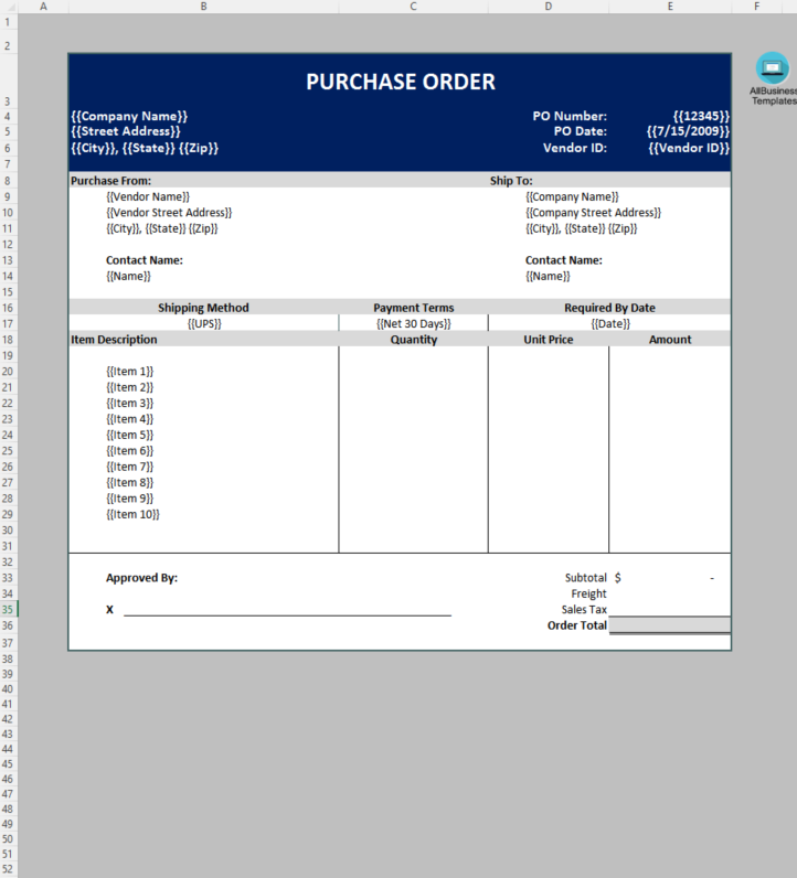 purchase order ms excel voorbeeld afbeelding 