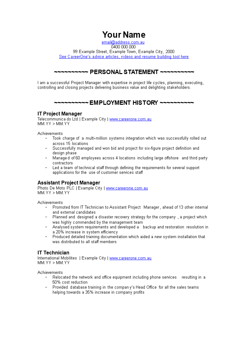 IT Project Manager Resume 模板