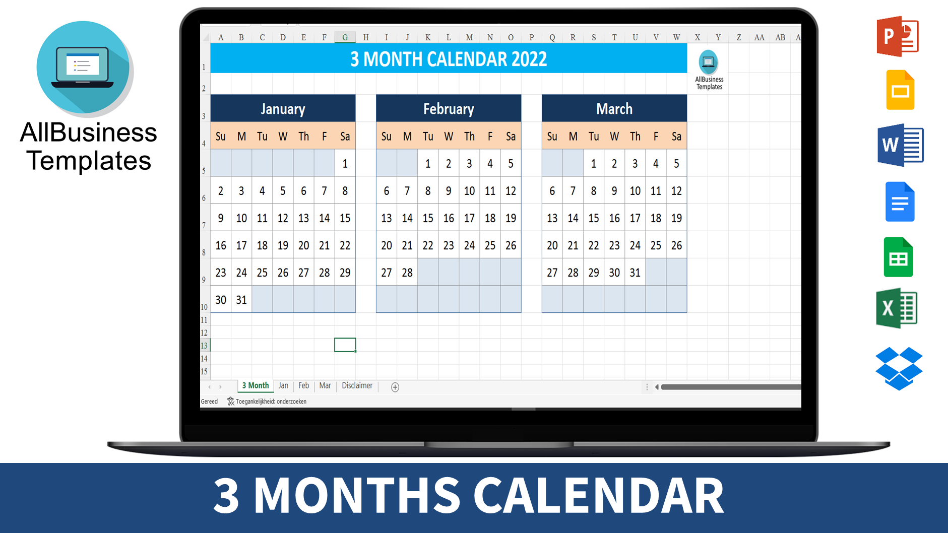 calendar 2022 (3 months) voorbeeld afbeelding 