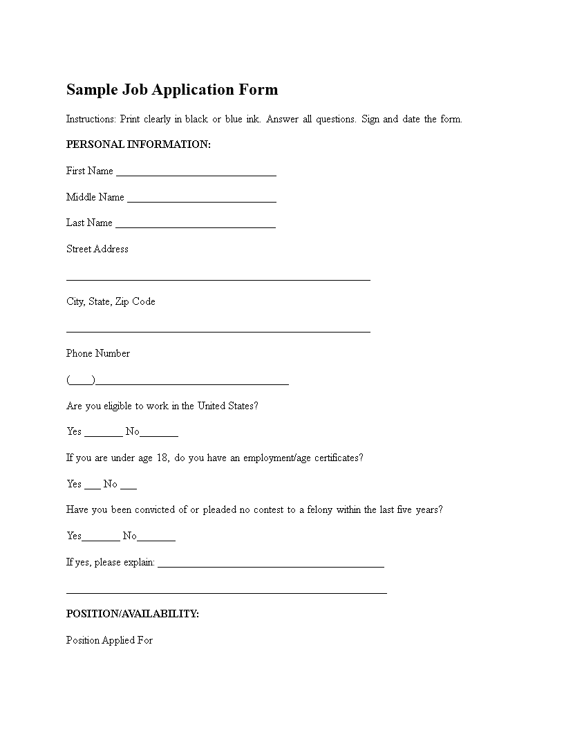 generic job application form template