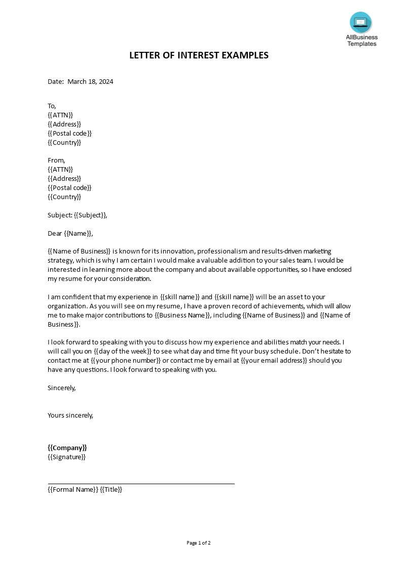 letter of interest example template