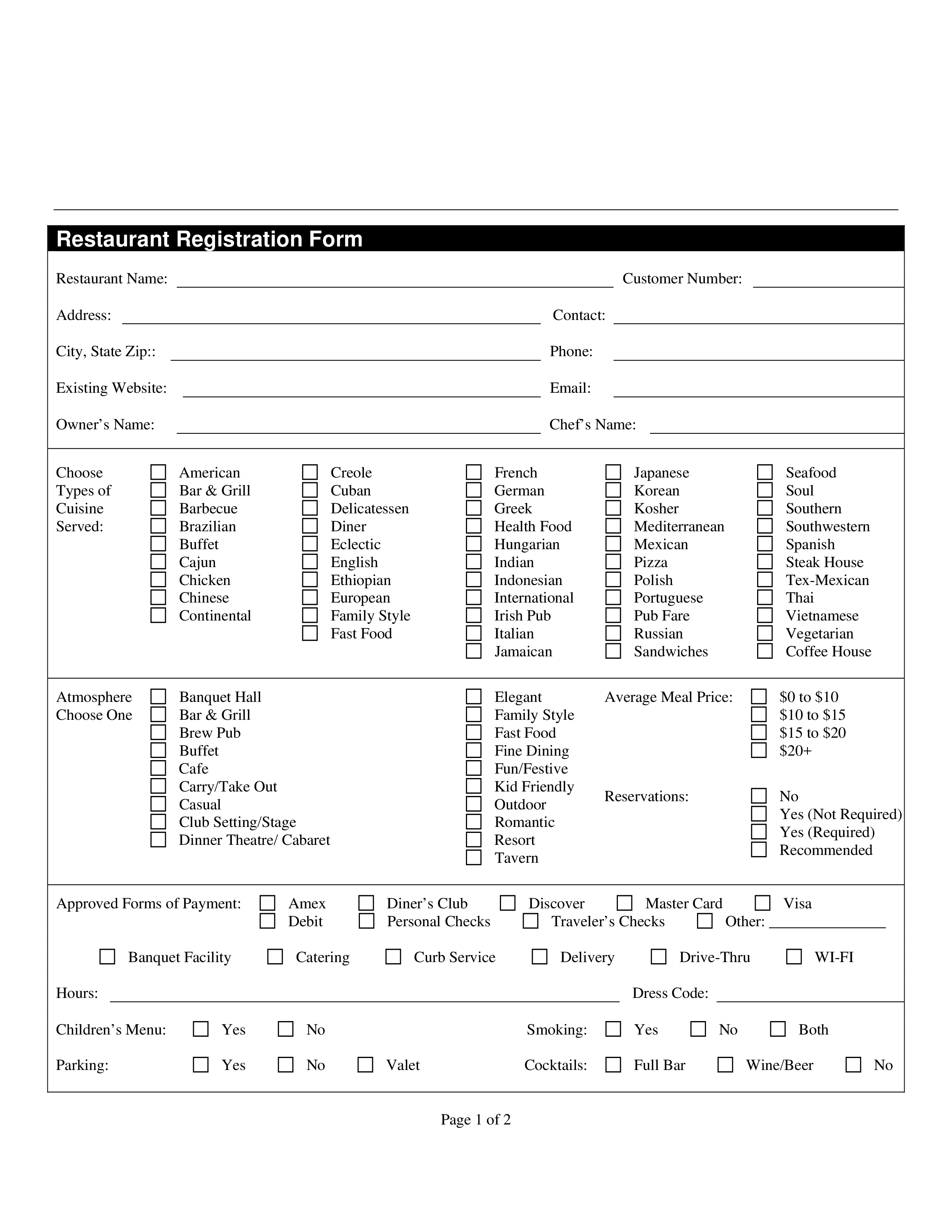restaurant registration form voorbeeld afbeelding 