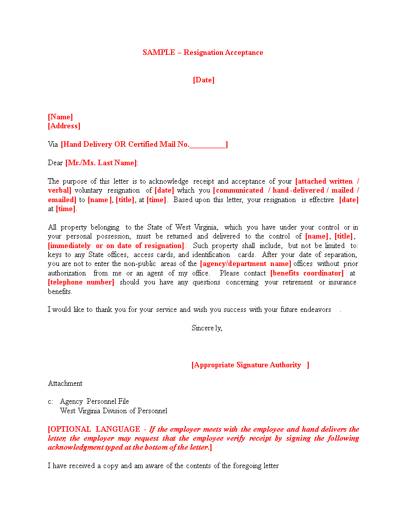 resignation acceptance template