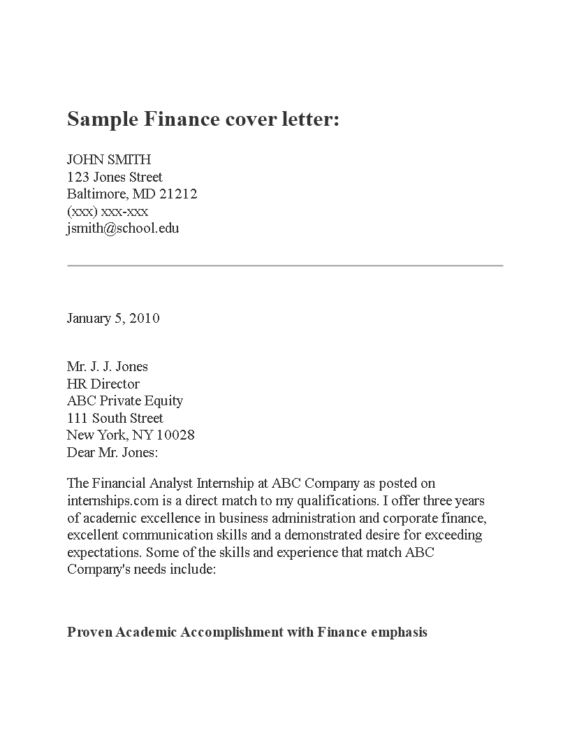 Application Cover letter Internship in Finance Department 模板