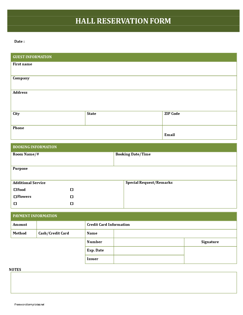 banquet hall reservation form voorbeeld afbeelding 