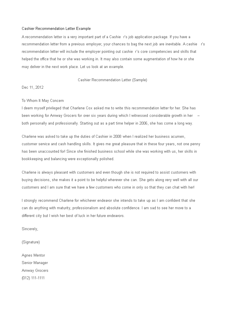 Letter Of Recommendation For A Cashier Job main image