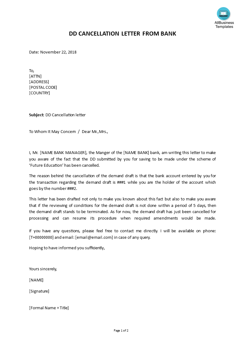 Kostenloses DD Cancellation Letter from Bank