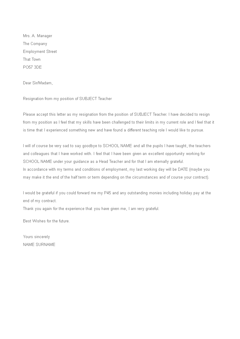 new teacher job resignation letter template