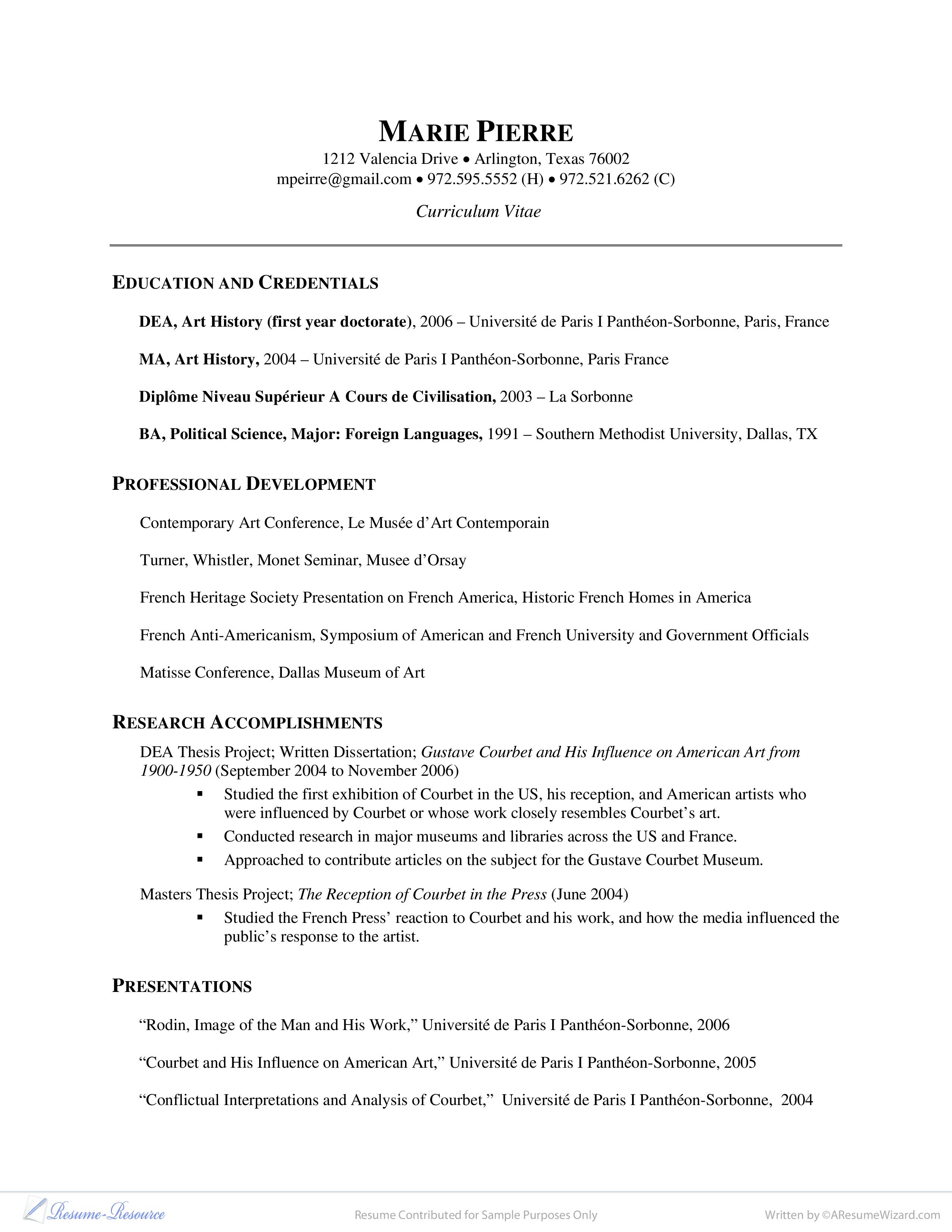 Free Curriculum Vitae Example Researcher Art History Templates At