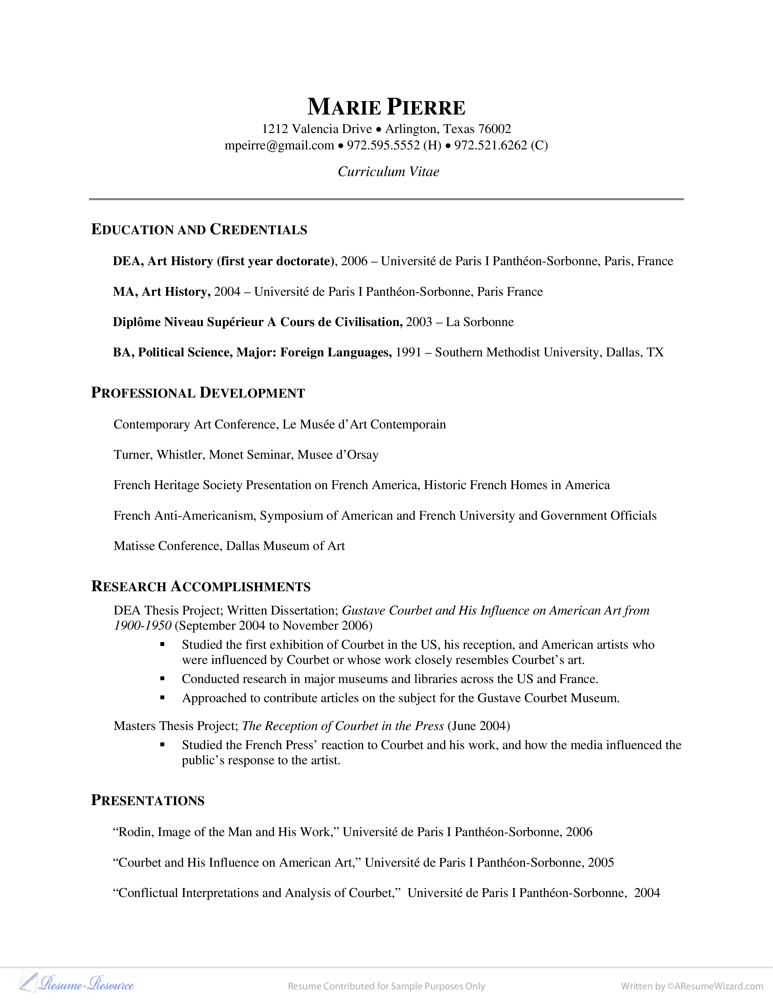 curriculum vitae example -  researcher art history template