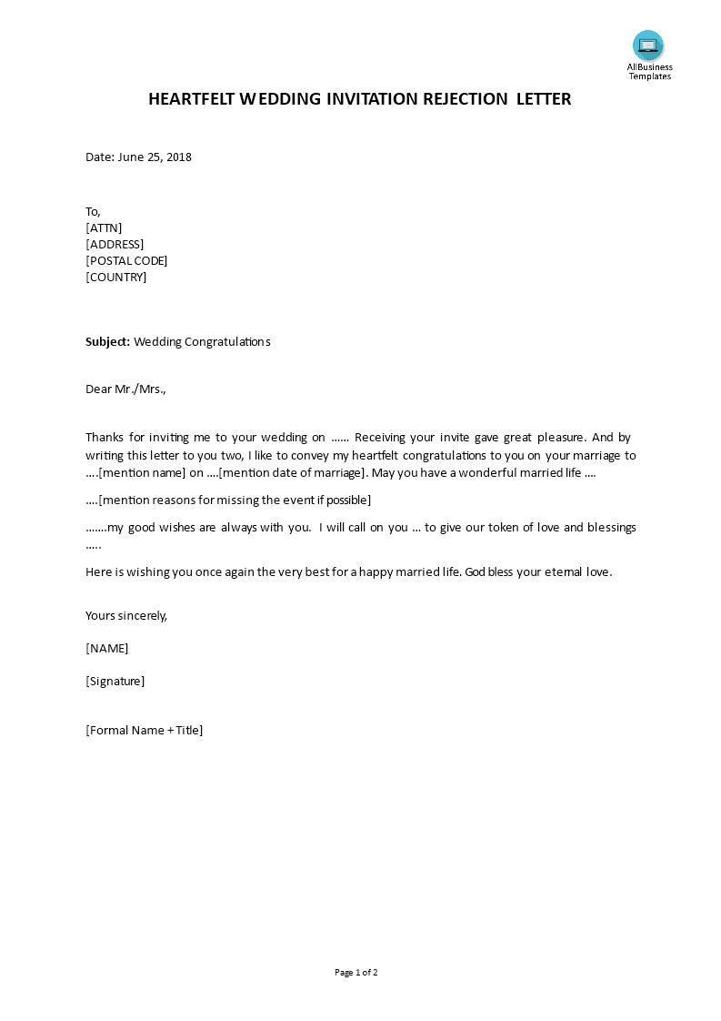 wedding invitation rejection as response to wedding invitation template