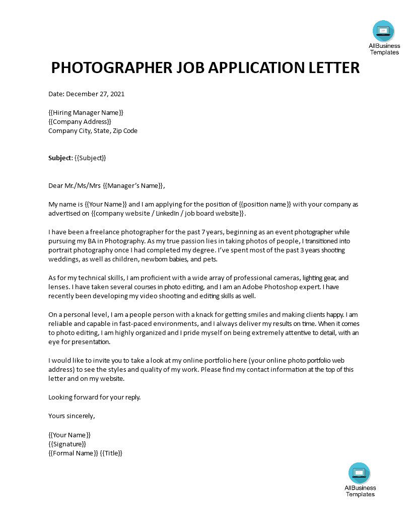 Photographer Cover Letter main image