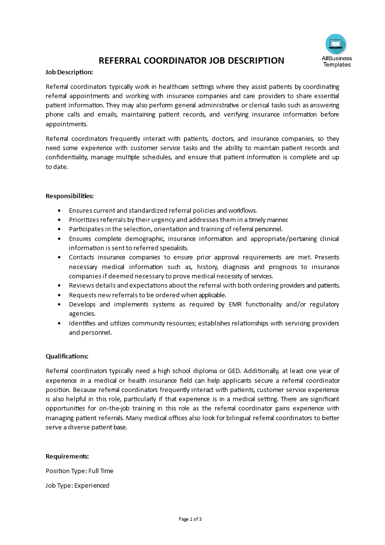 referral coordinator job description template