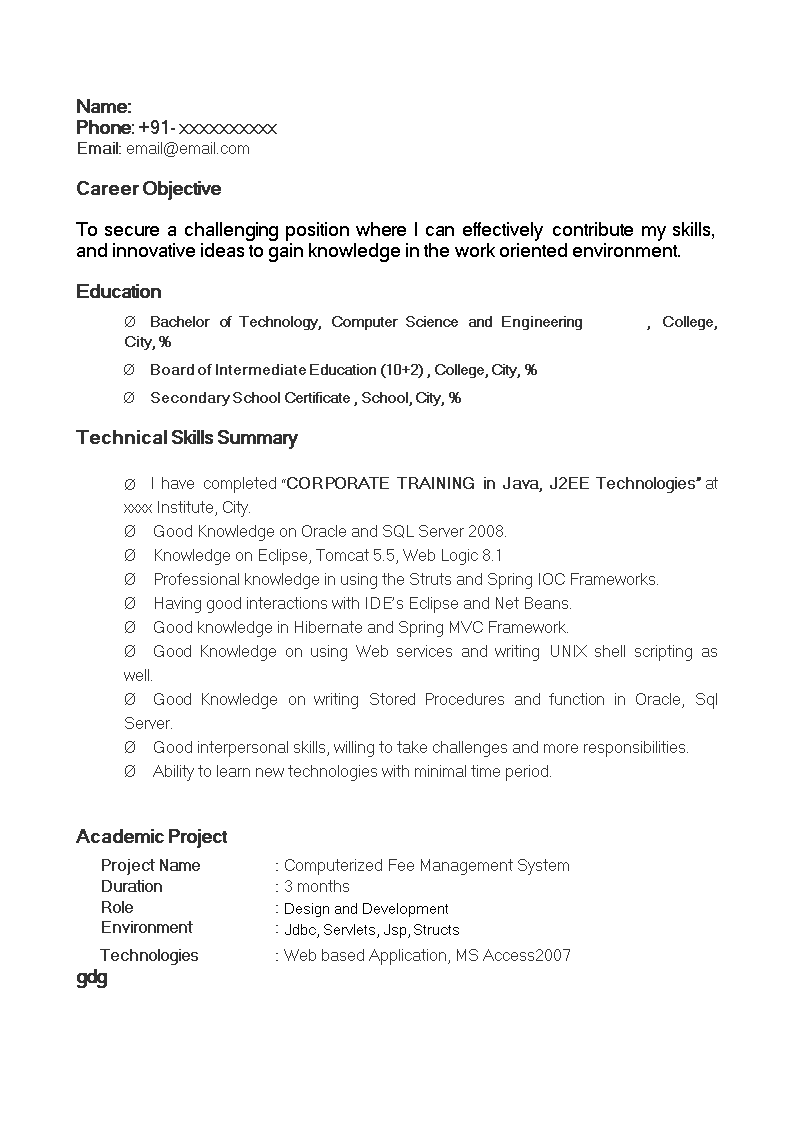 java fresher resume modèles