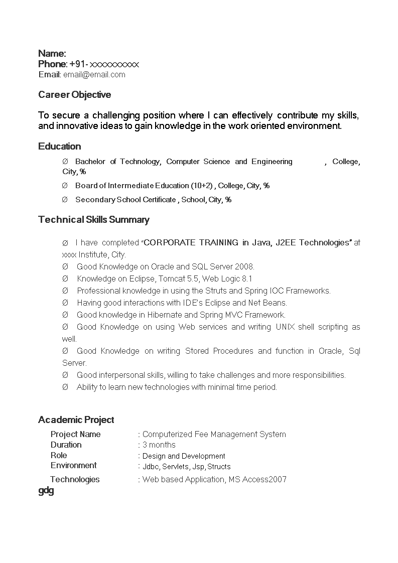 Java Fresher Resume Templates At Allbusinesstemplates
