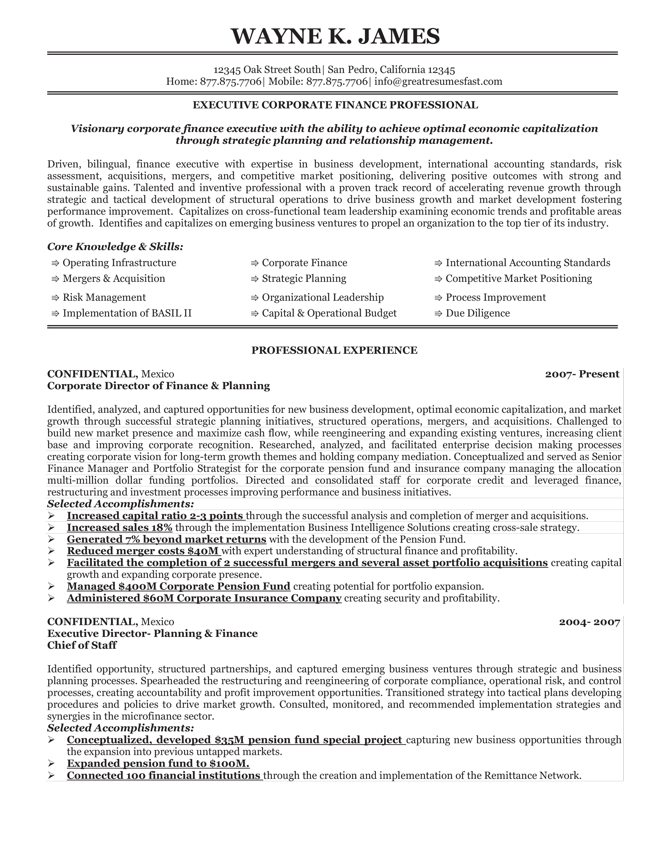 Corporate Finance Executive Resume 模板