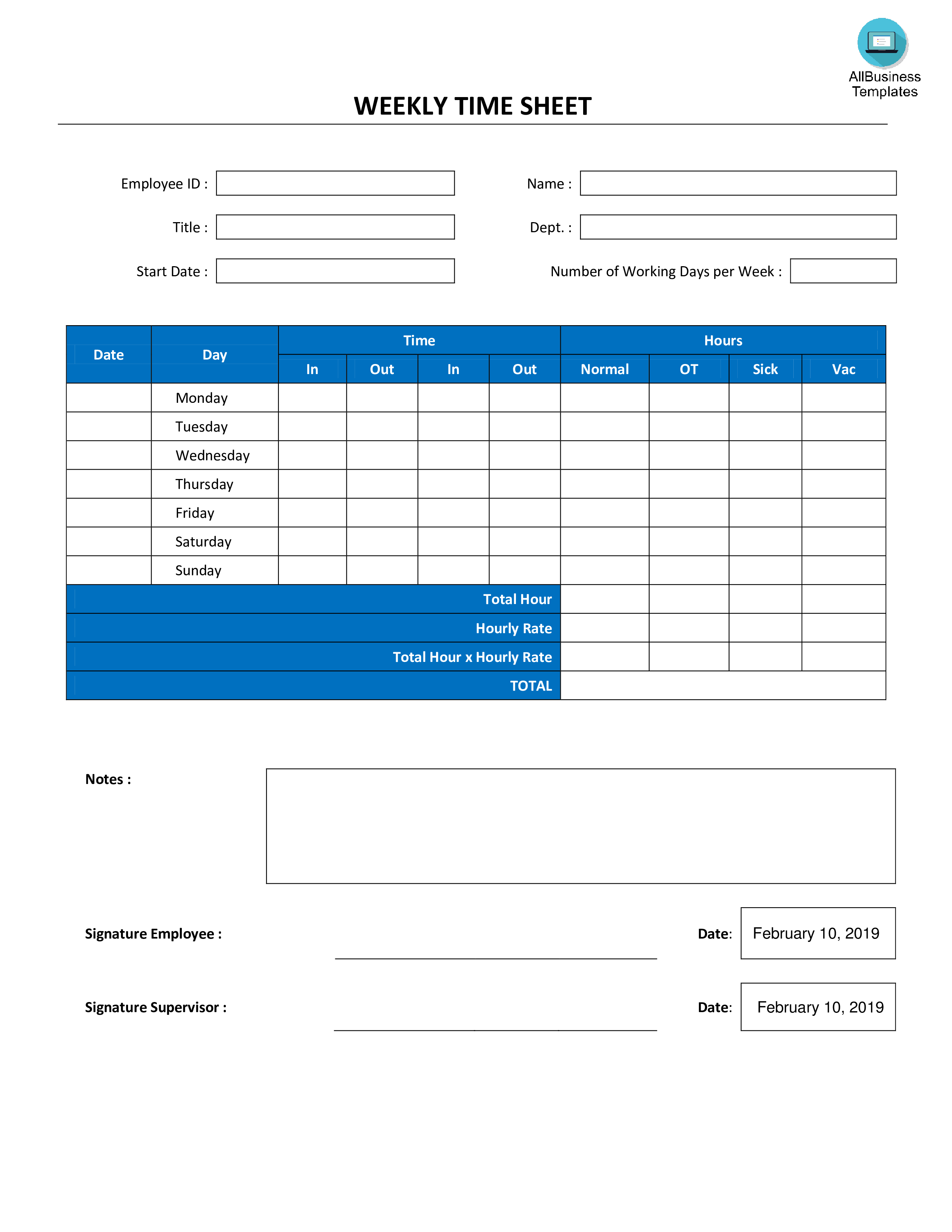 Weekly Time-sheet Registration Form PDF 模板