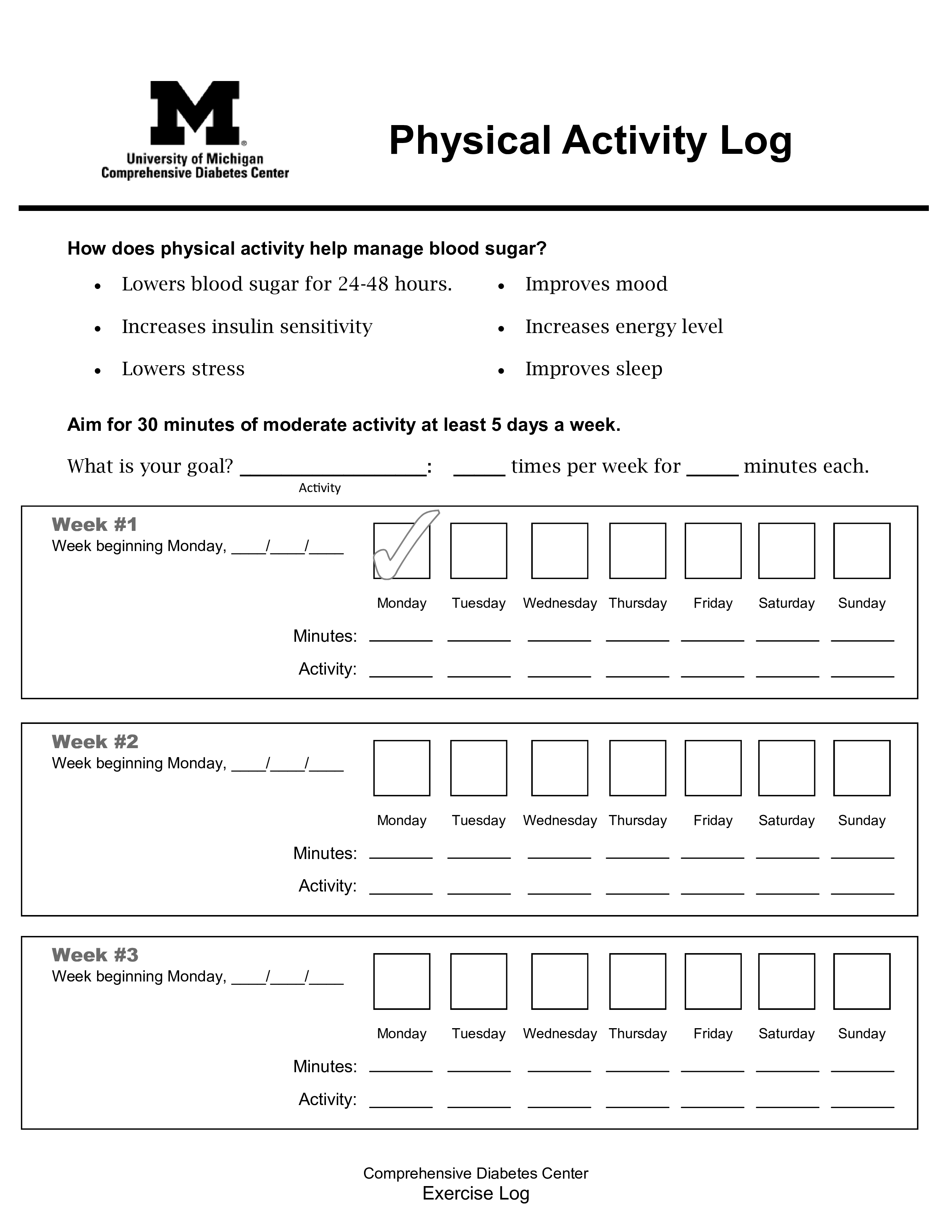 diabetes exercise log template
