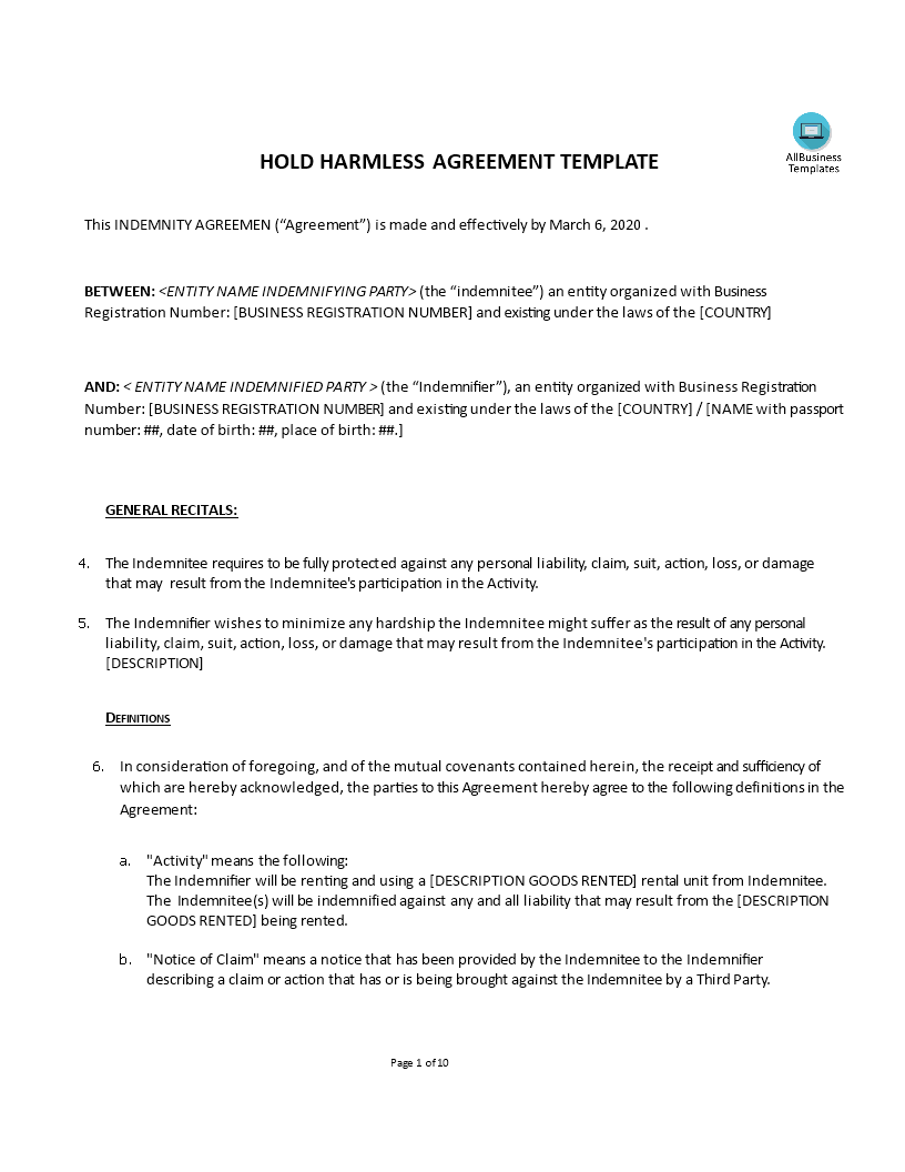 hold harmless agreement template