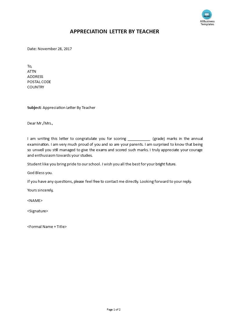 appreciation letter by teacher template