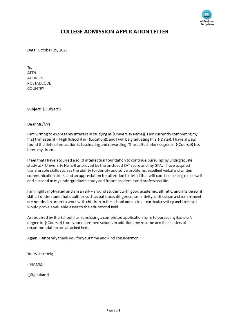 college admission application letter Hauptschablonenbild