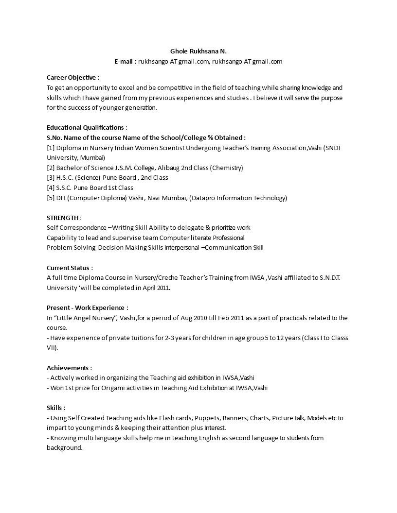 Preschool Primary Teacher Resume Format 模板