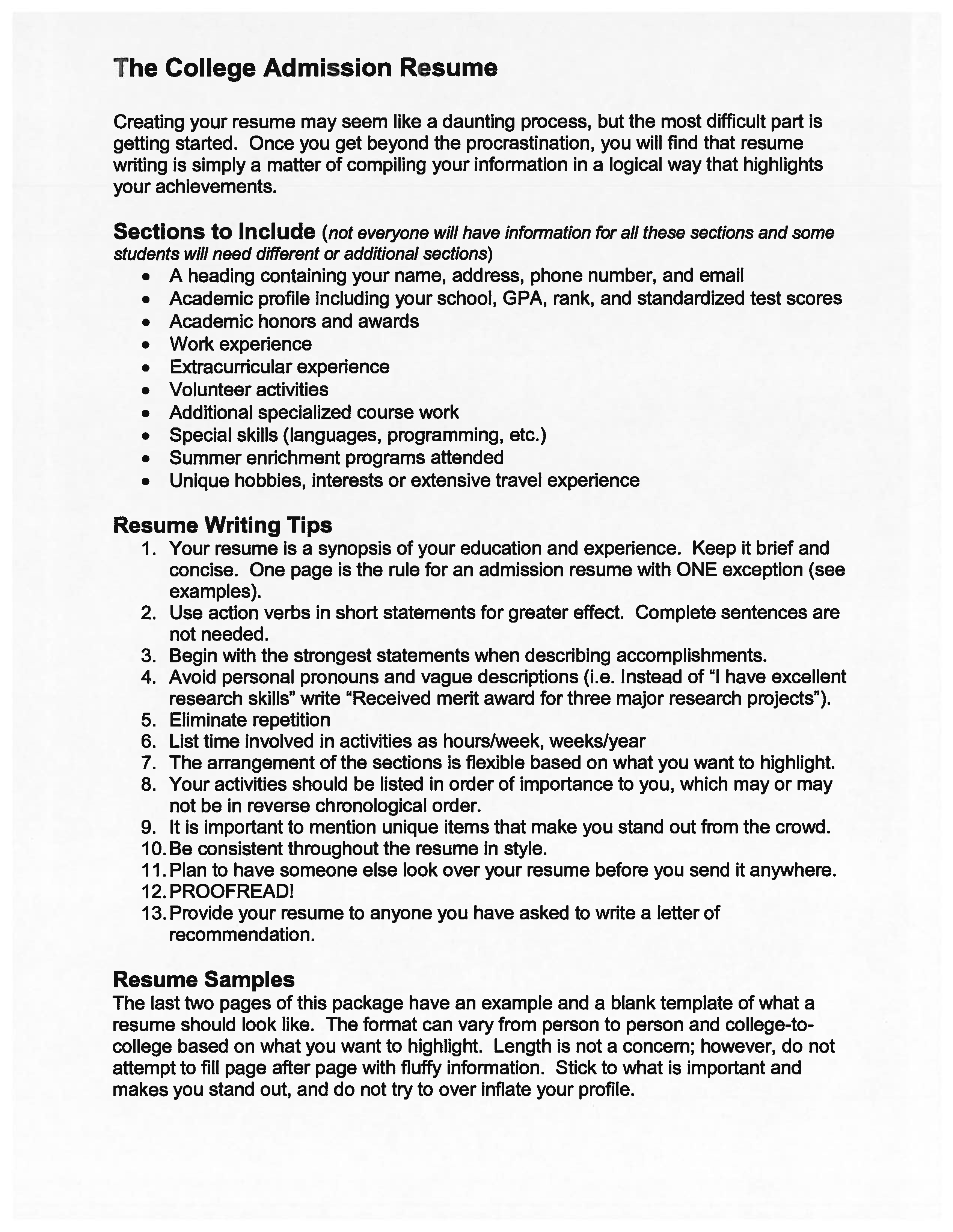 admission resume writing