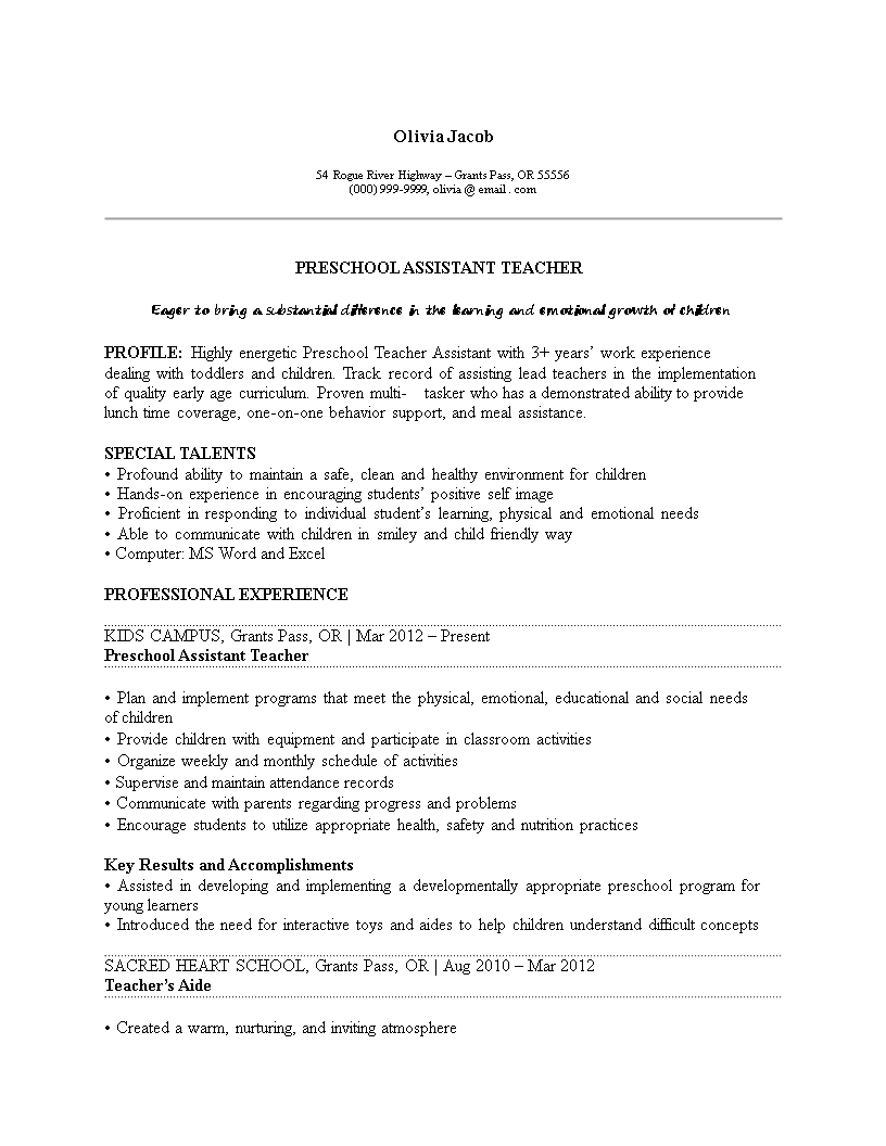 preschool teacher assistant cv modèles