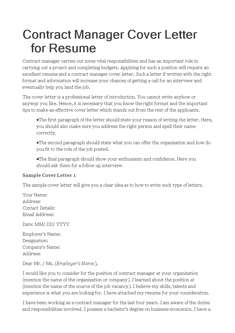 contract manager cover letter for resume modèles