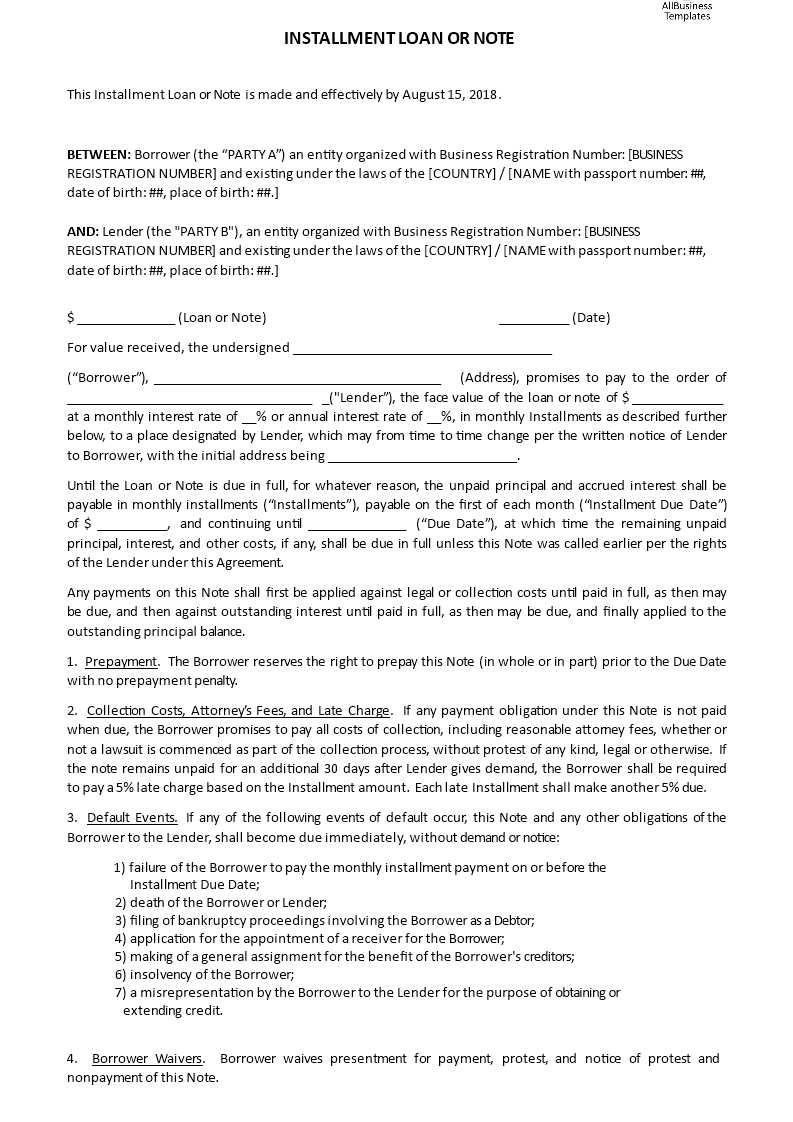 installment loan or note plantilla imagen principal
