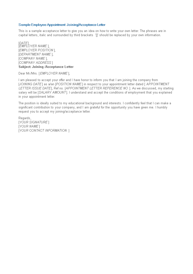 employee appointment acceptance letter template