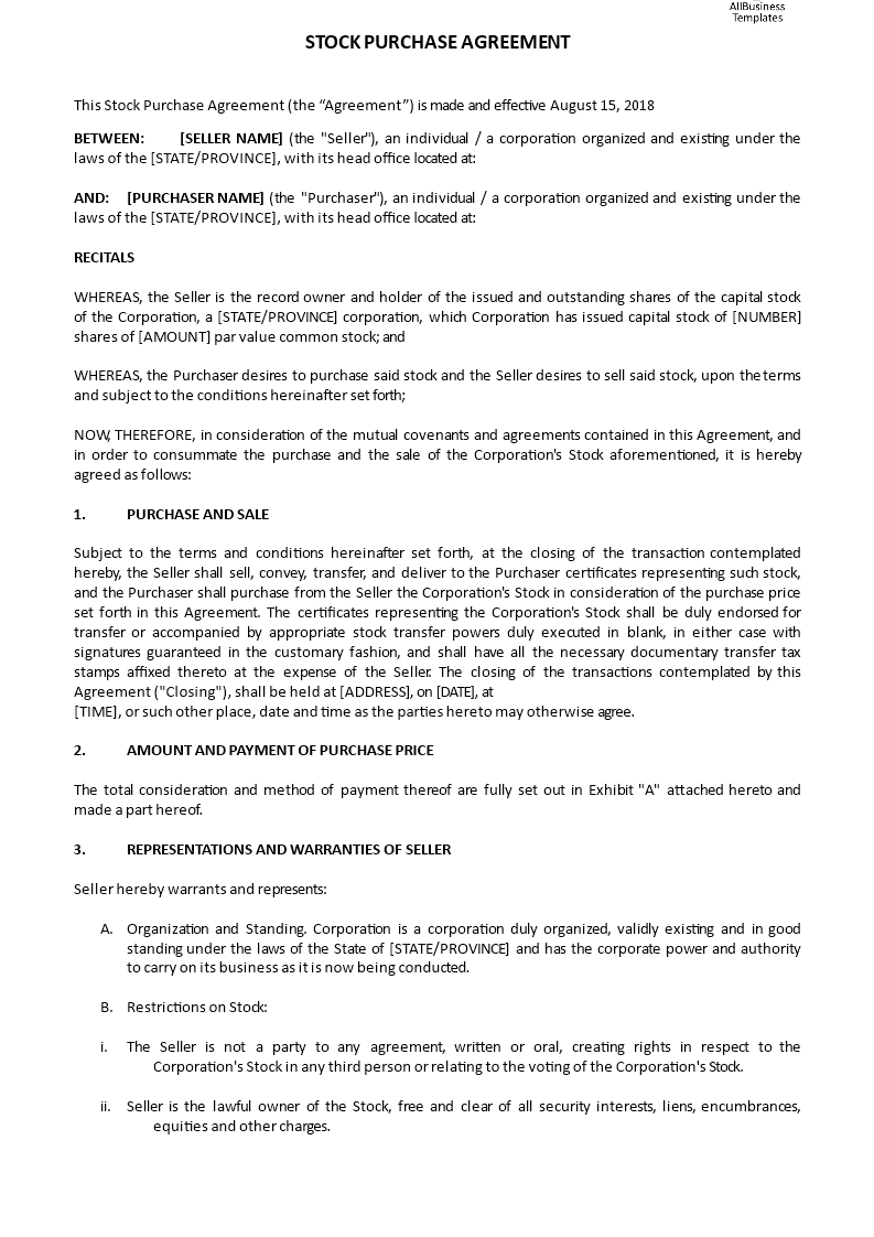 stock purchase agreement template