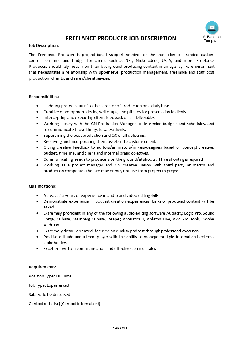 freelance producer job description template