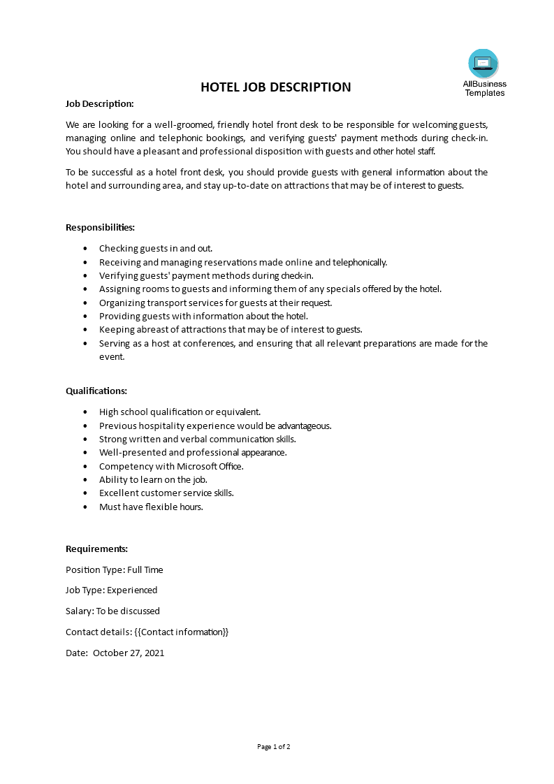 hotel job description template