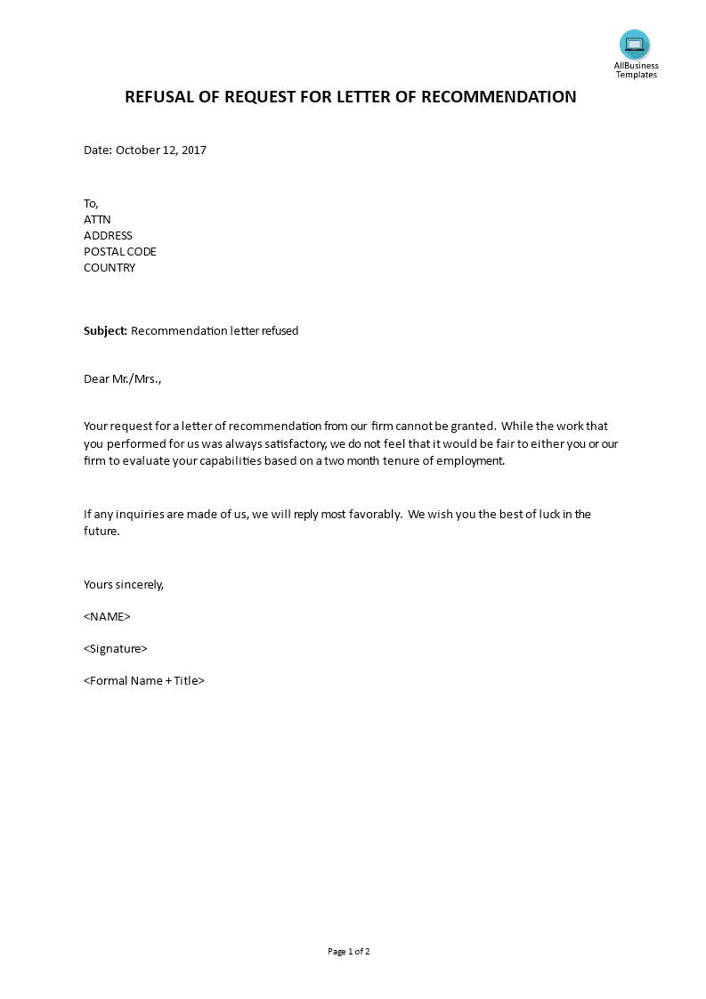 refusal of request for letter of recommendation template