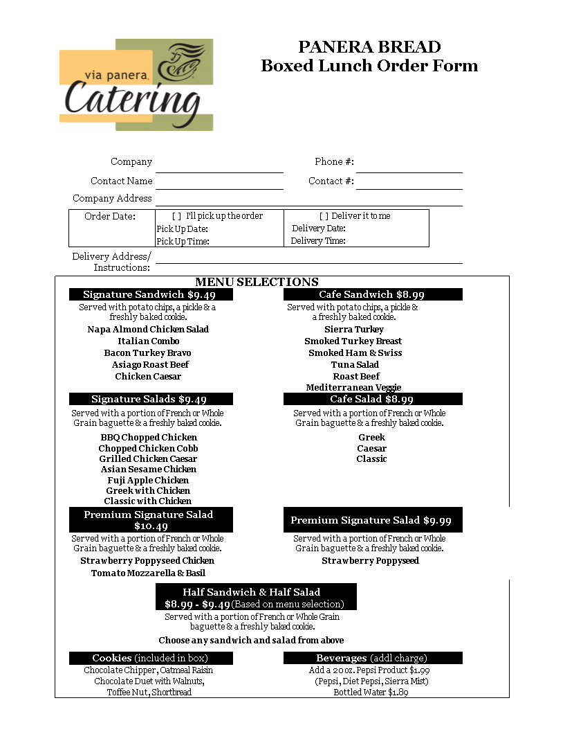 catering order form excel modèles