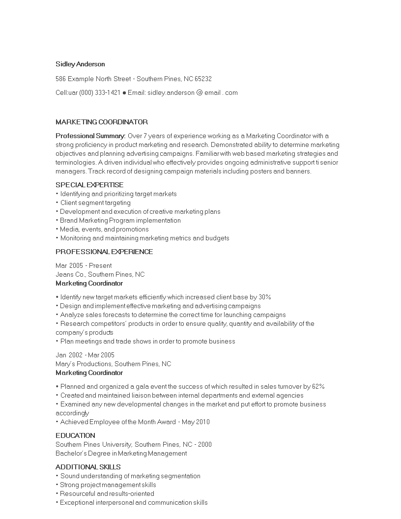 professional marketing coordinator resume template