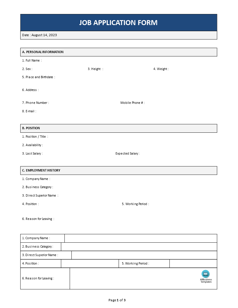 Employee Job Application Form Template 模板