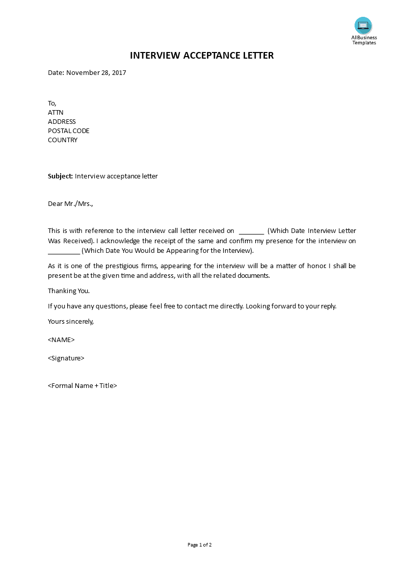 interview acceptance letter template