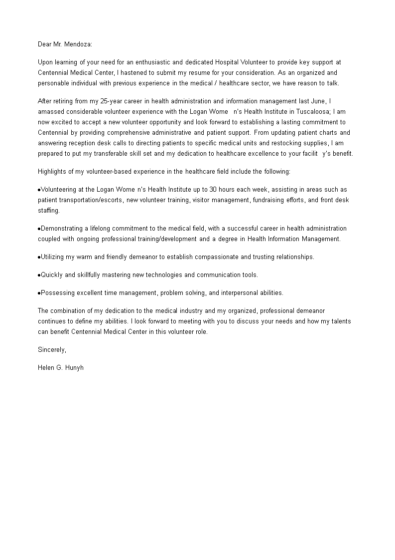 hospital volunteer cover letter sample modèles