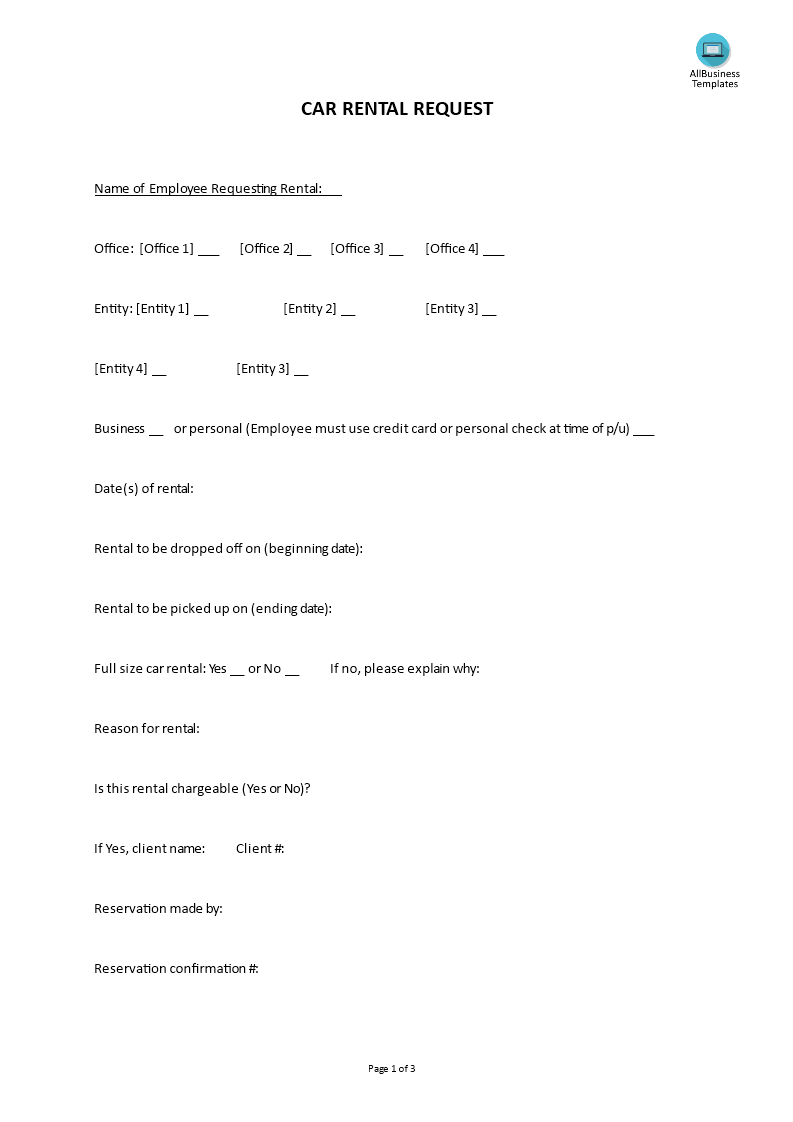 hr car rental request form template