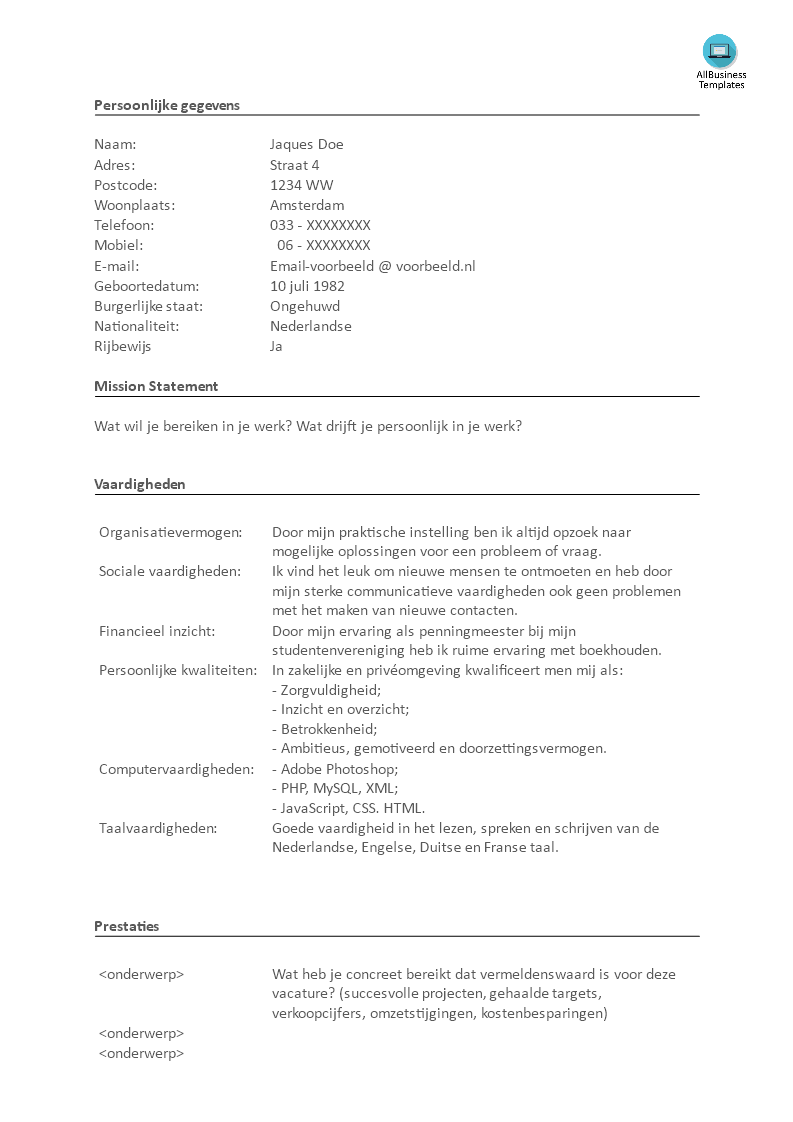 voorbeeld cv hbo template