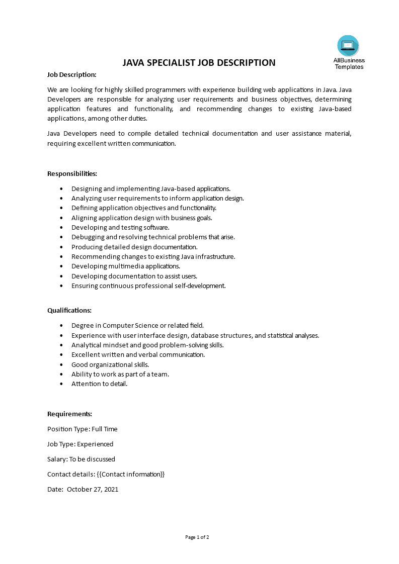 java specialist job description template