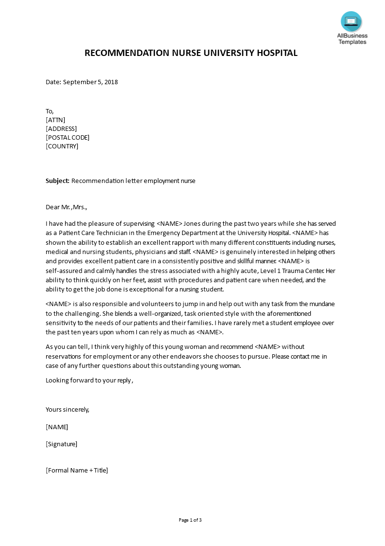 sample recommendation letter for employment nurse modèles