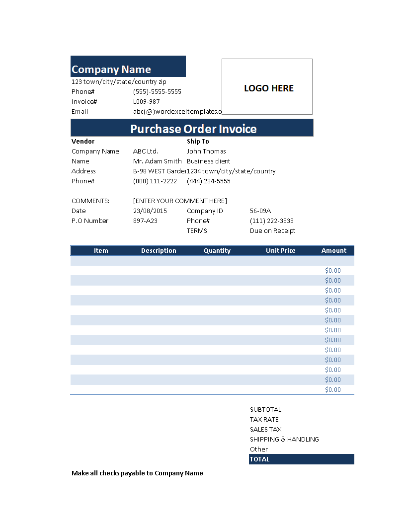 Purchase Order Invoice In Excel Templates At Allbusinesstemplates Com