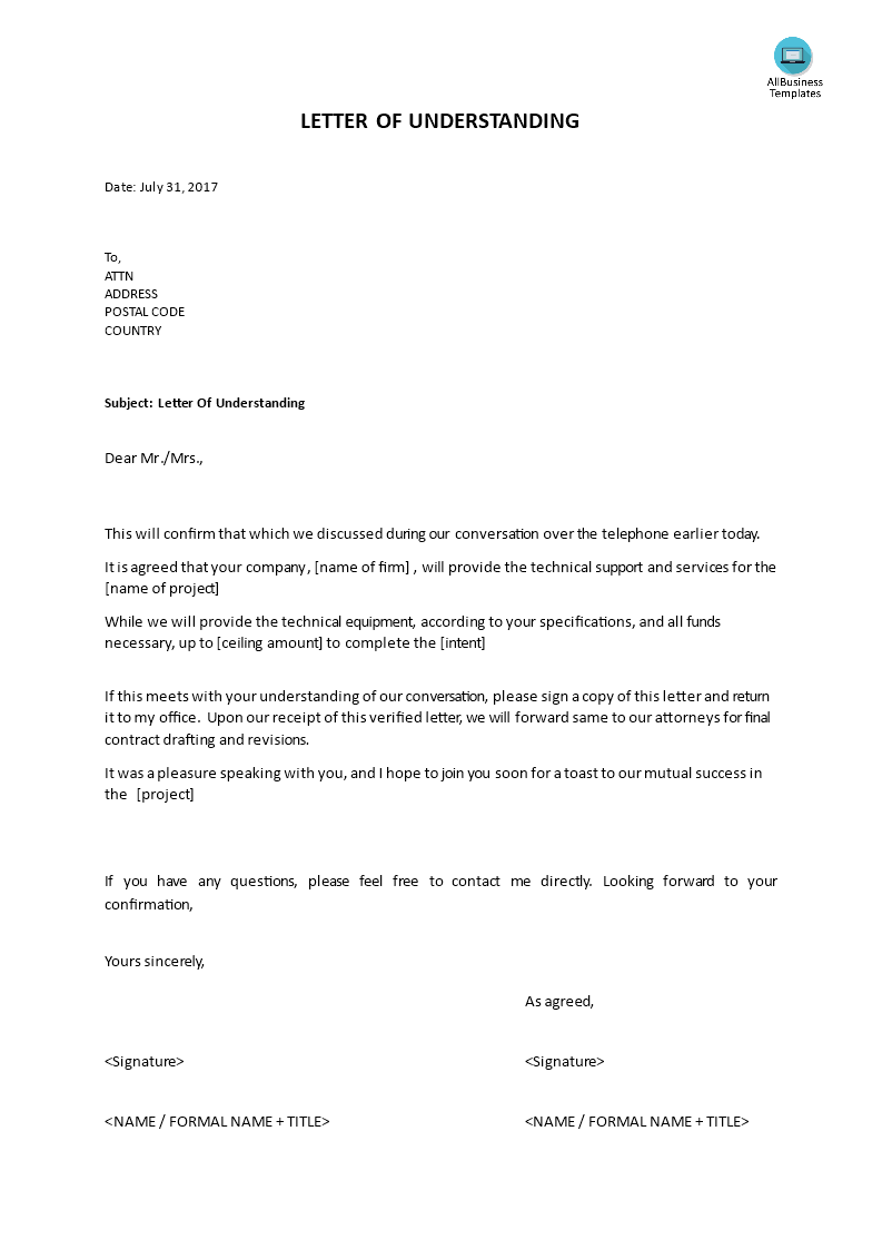 Letter Of Understanding template | Templates at ...