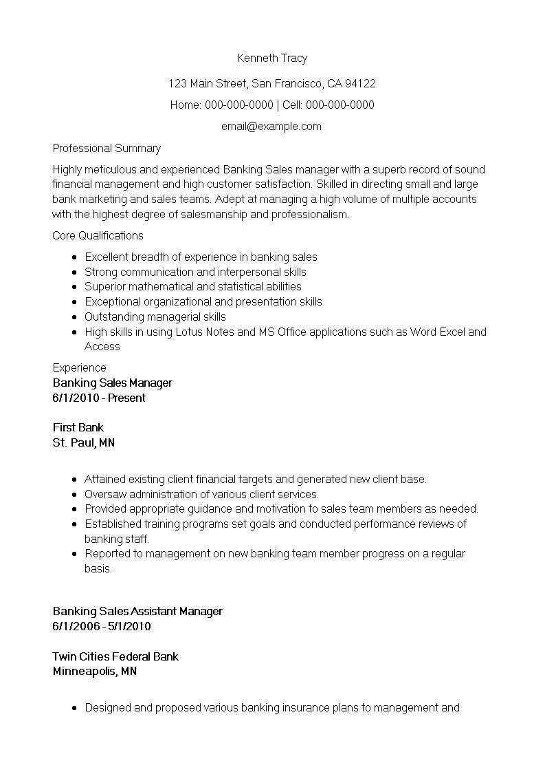 banking sales manager resume modèles